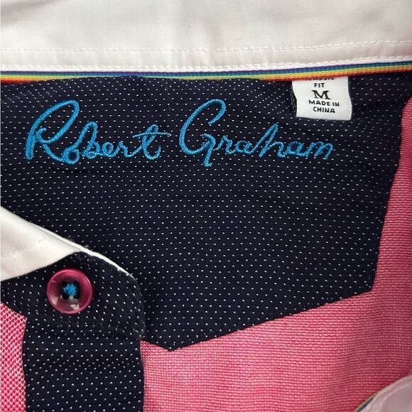 Robert Graham Red Pink 100% Cotton Short Sleeve Polo Shirt Size Medium - Picture 6 of 9